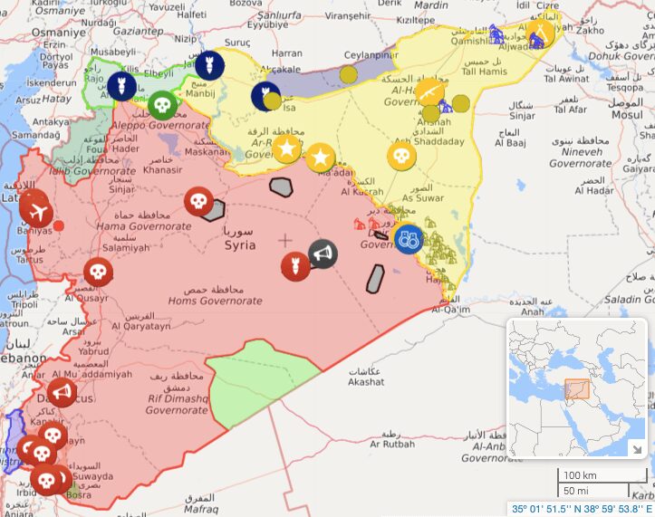 Mapa Syrii przedstawiająca sytuację militarną i polityczną z 18 kwietnia 
