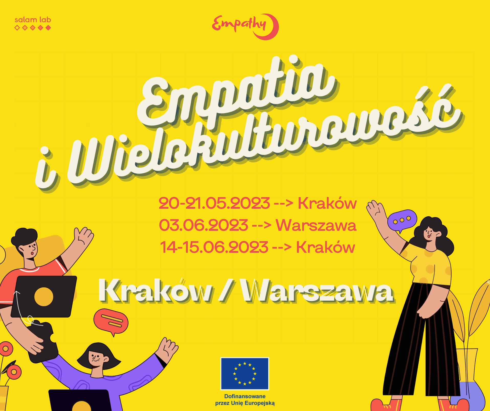 plakat warsztatów empatia i wielokulturowość, żołte tło, radosne postacie