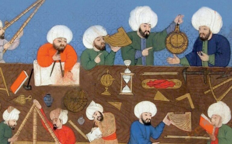 Muzułmanie w turbanach prezentują wynalazki muzułmańskiej cywilizacji