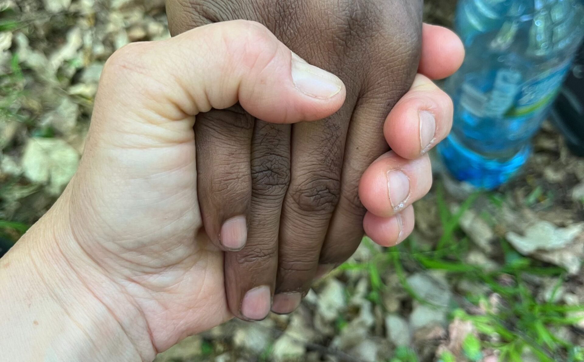 dwie dłonie: czarna i biała, trzymające się na tle lasu, zielonej trawy, w tle butelka wody